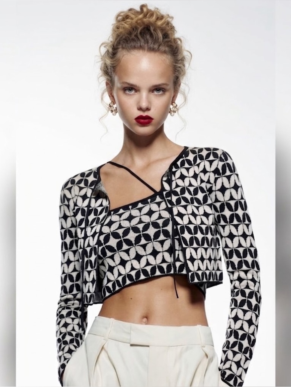 Zara Geometric Pattern Jacquard Knit Crop Top Sweater Set Size Large